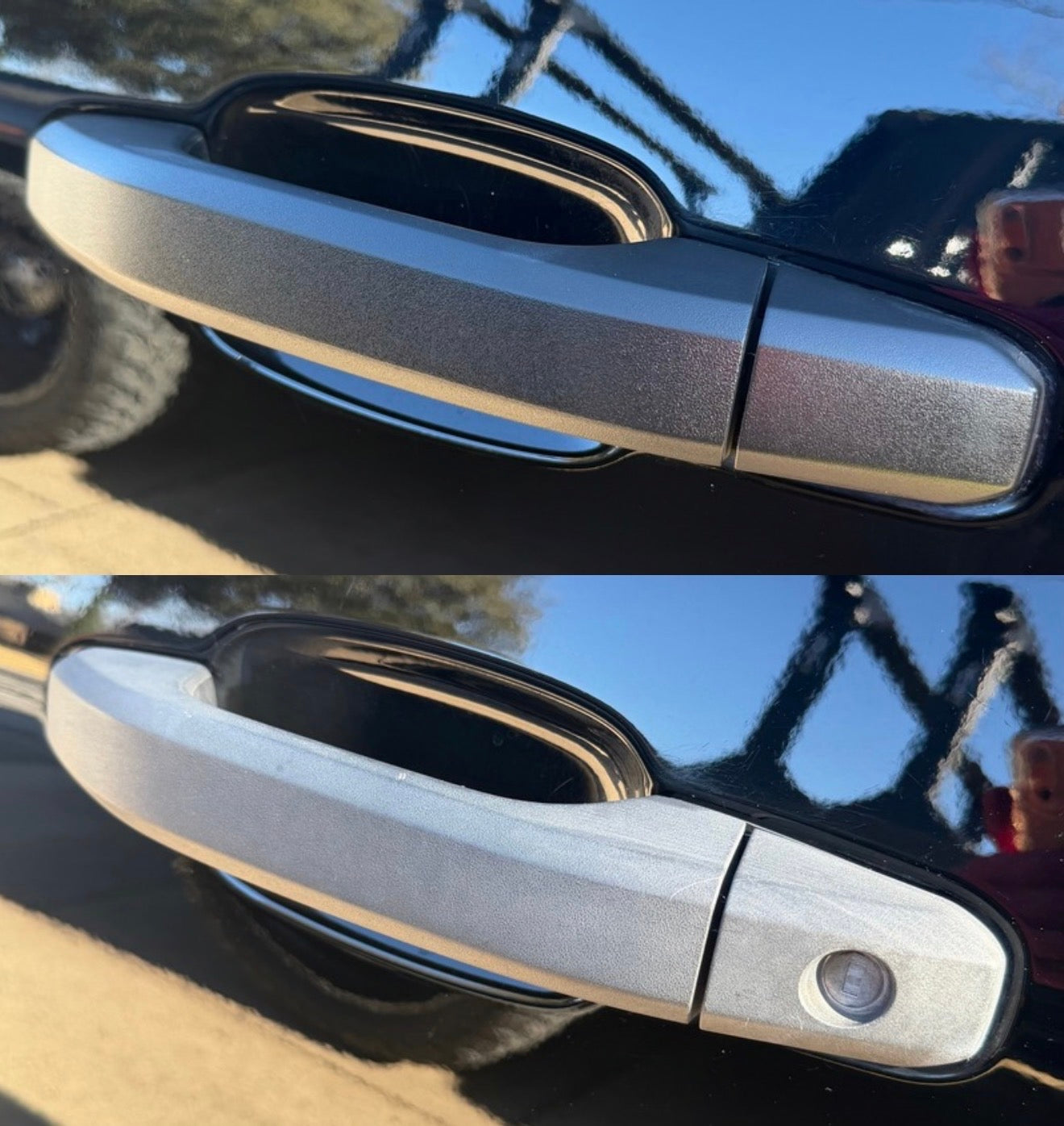 Before and after trim restoration on a black truck door handle